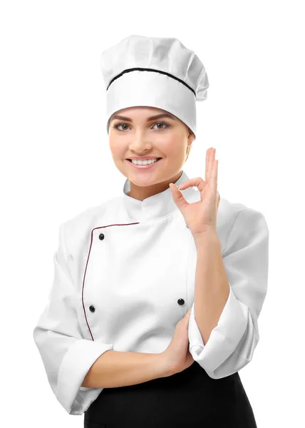 Mujer chef mostrando ok signo — Foto de Stock