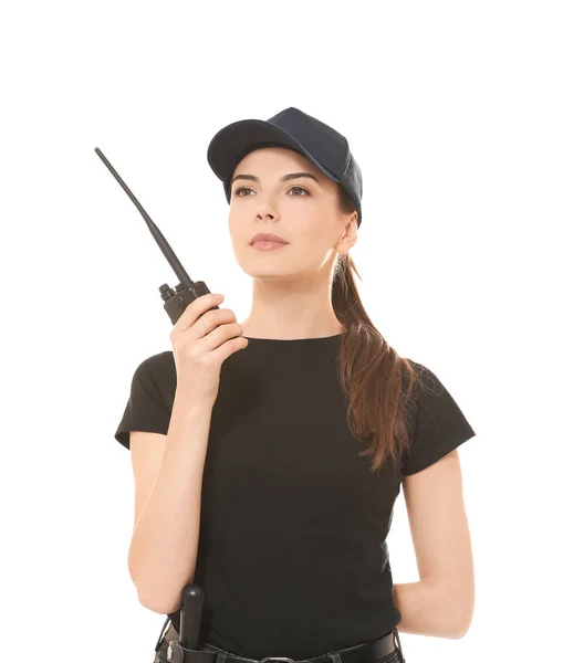 Beautiful young woman in security uniform on white background — Stock Photo, Image
