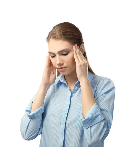 Beautiful young woman suffering from headache on white background — Stock Photo, Image