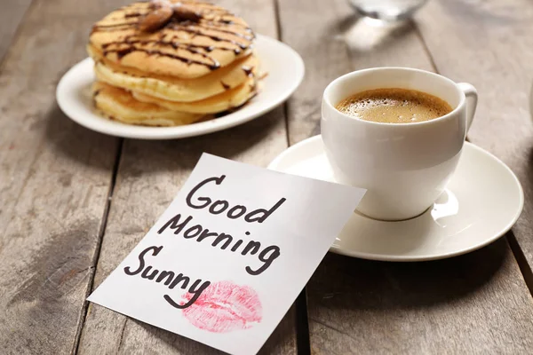 Breakfast and GOOD MORNING greeting note — Stock Photo, Image