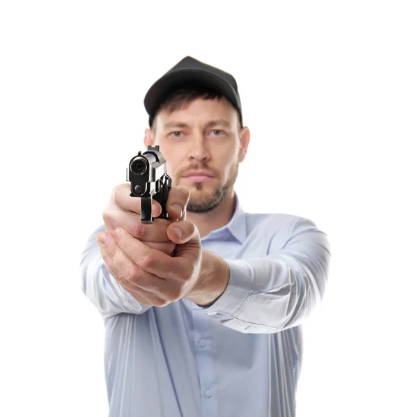 Homem de segurança vai atirar de arma, isolado em branco — Fotografia de Stock