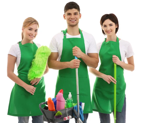 Equipe Serviço Com Equipamento Limpeza Fundo Branco — Fotografia de Stock