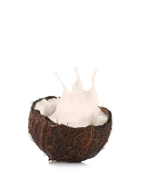 Cracked coconut with splashes of milk — Stock Photo, Image