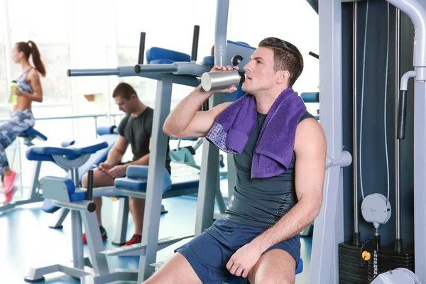 Young Handsome Man Drinking Water Gym — Stock Photo, Image