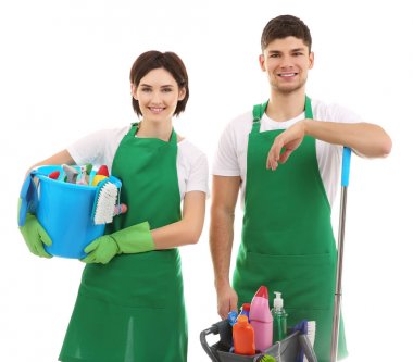 Beyaz arka plan üzerinde boya, vernik ile servis ekibi