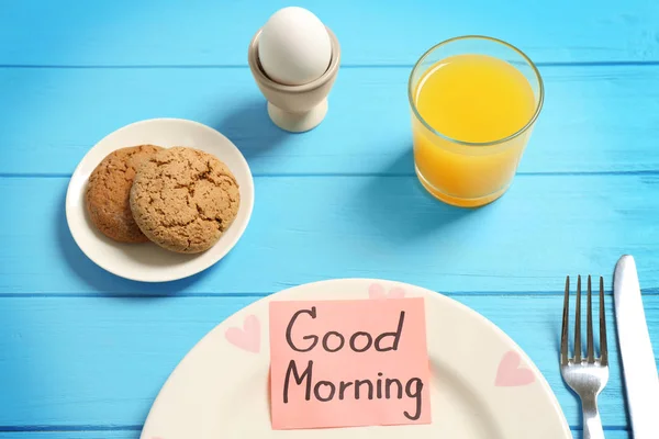 Breakfast and GOOD MORNING greeting note — Stock Photo, Image