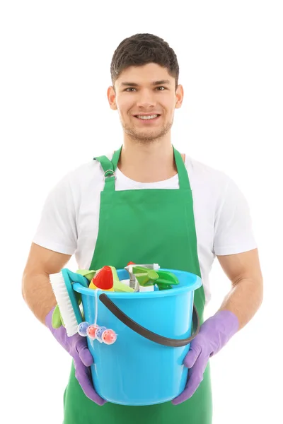 Jovem Segurando Balde Com Suprimentos Limpeza Fundo Branco — Fotografia de Stock