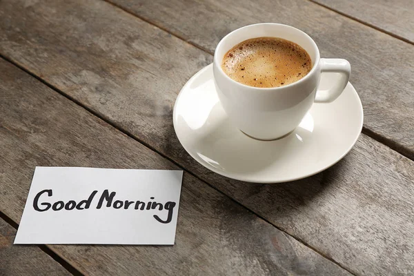 Cup of coffee and GOOD MORNING note — Stock Photo, Image