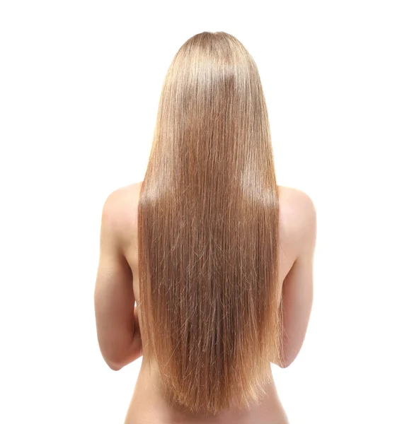 Back view of young woman with beautiful long hair on white background Stock  Photo by ©belchonock 146175315