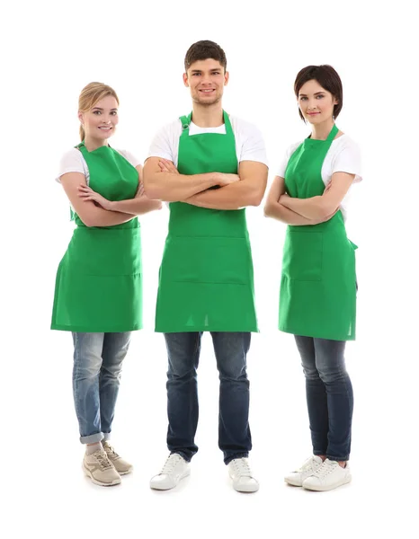 Cleaning Staff Green Aprons White Background — Stock Photo, Image