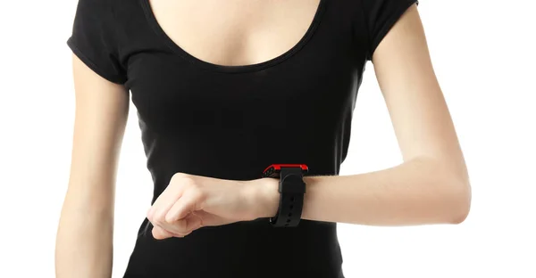 Woman with heart rate monitor watch, closeup — Stock Photo, Image