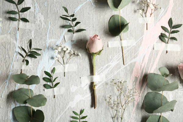 Vackra blommor tejpade färg väggen — Stockfoto