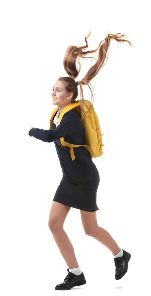 Adolescente chica con mochila sobre fondo blanco —  Fotos de Stock