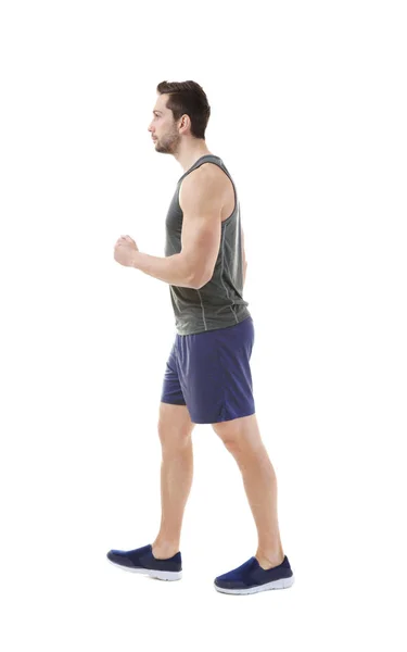 Concepto de postura incorrecto. Hombre en ropa deportiva aislado en blanco —  Fotos de Stock