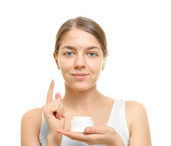 Beautiful Young Woman Cream Problem Skin White Background — Stock Photo, Image