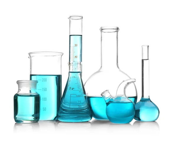 Naczynia laboratoryjne z próbek niebieski — Zdjęcie stockowe