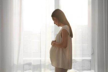 Hamile Asyalı kadın evde pencere ayakta