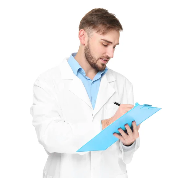 Красивый доктор с синей планшетом — стоковое фото