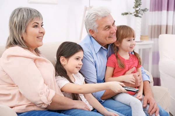 Mutlu Bir Aile Evdeki Kanepede Televizyon Izliyor — Stok fotoğraf