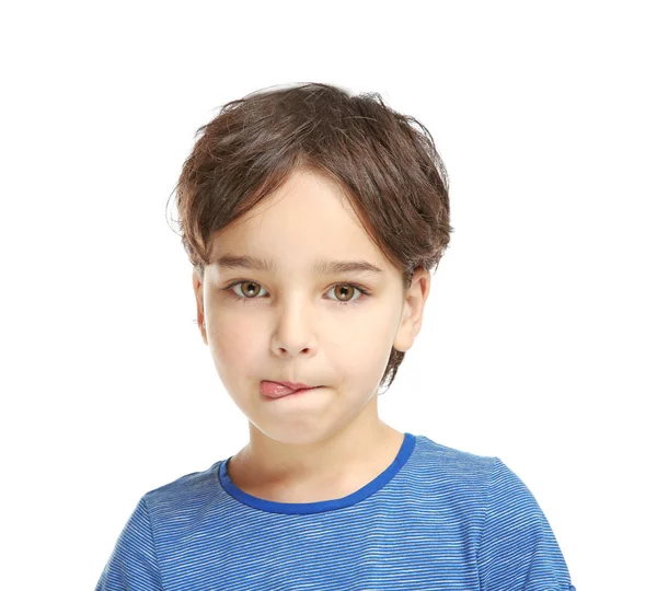 Pequeño Niño Entrenamiento Pronunciar Letras Sobre Fondo Blanco —  Fotos de Stock