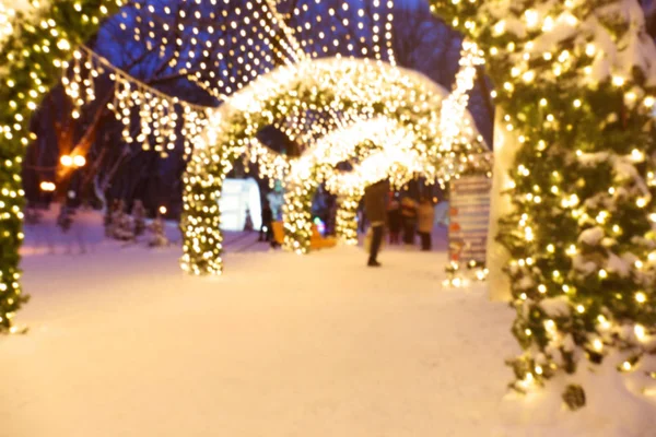 Homályos tekintettel a gyönyörű téli park, karácsonyi fénydekorációk — Stock Fotó