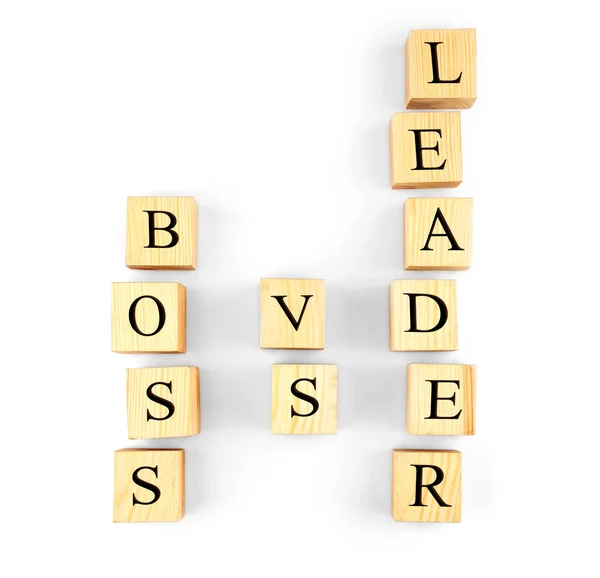 Towers of wooden cubes with text BOSS VS LEADER isolated on white — Stock Photo, Image