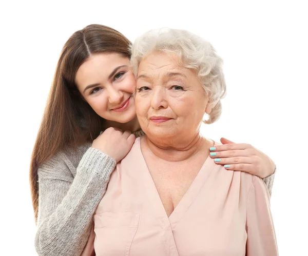 Όμορφο κορίτσι με γιαγιά σε λευκό φόντο — Φωτογραφία Αρχείου