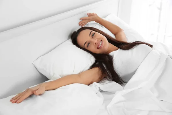 Young Attractive Woman Waking Bed Home — Stock Photo, Image