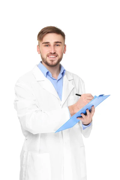 Médico bonito com prancheta azul — Fotografia de Stock