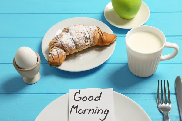 Café da manhã e boa nota de saudação — Fotografia de Stock