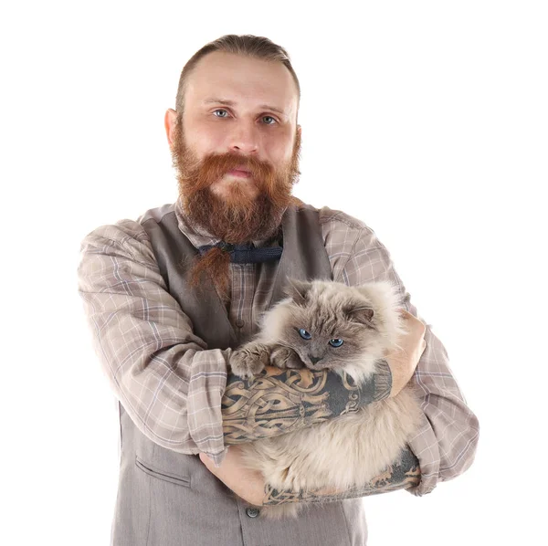 Homem Barbudo Jovem Com Gato Fofo Isolado Branco — Fotografia de Stock