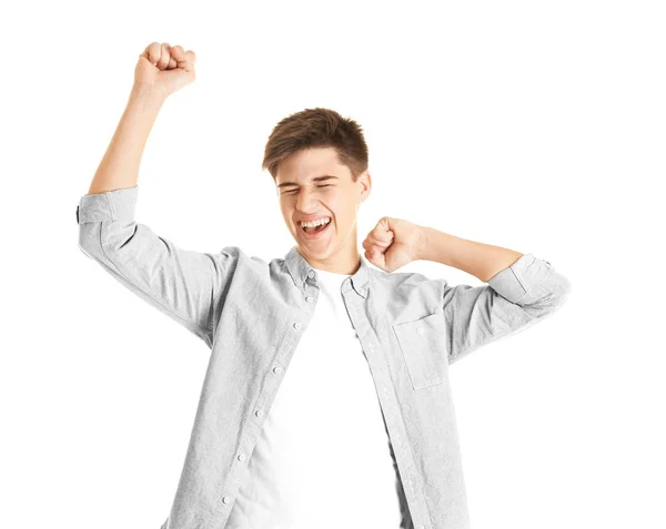 Adolescente feliz em roupas casuais no fundo branco — Fotografia de Stock