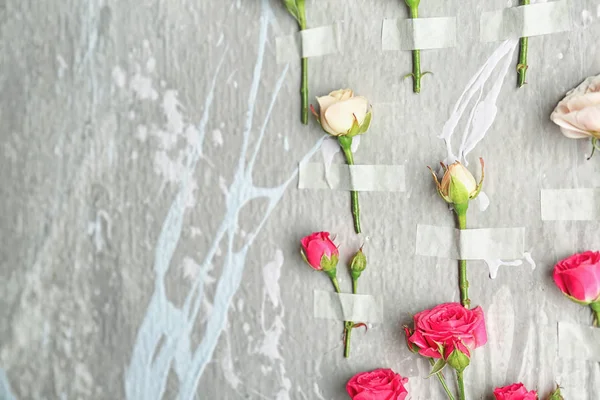 रंग दीवार पर टेप किए गए सुंदर फूल — स्टॉक फ़ोटो, इमेज