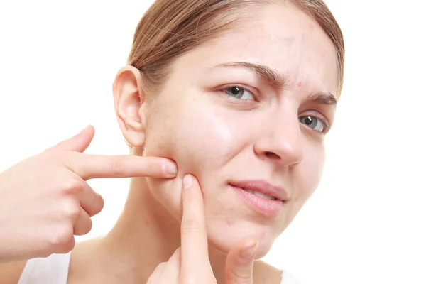 Beautiful Young Woman Popping Pimples White Background — Stock Photo, Image