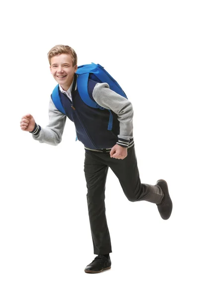Teenager mit Rucksack auf weißem Hintergrund — Stockfoto