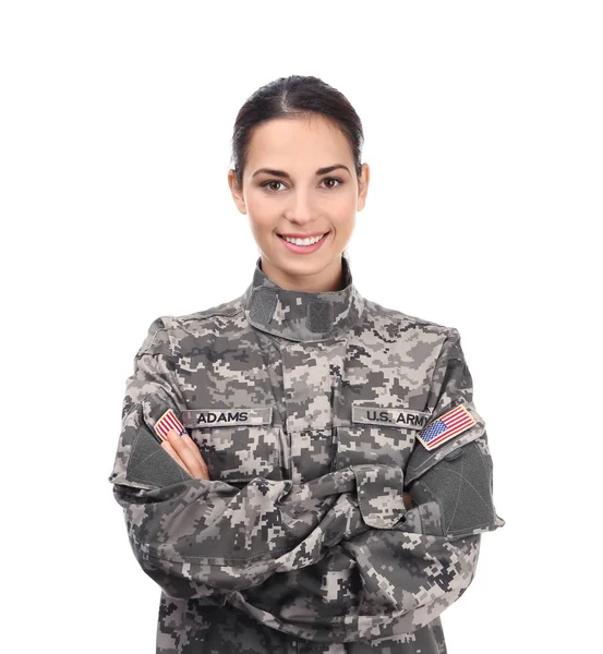 Beyaz Arka Plan Üzerinde Kadın Asker — Stok fotoğraf