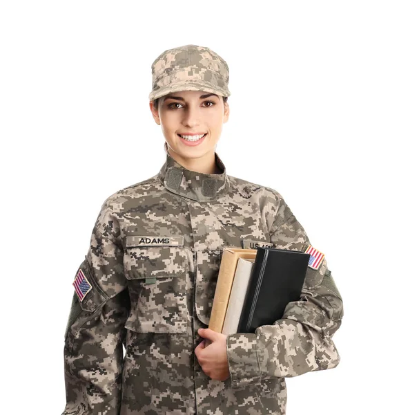 Žena kadet vojenské školy na bílém pozadí — Stock fotografie
