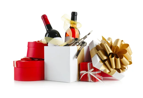 Decorated wine bottles and gift boxes — Stock Photo, Image