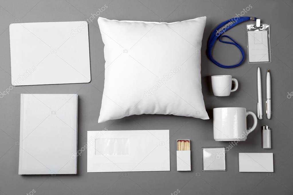 Set of blank items for branding on grey background