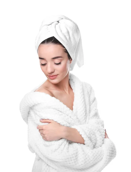 Beautiful young woman in bathrobe — Stock Photo, Image