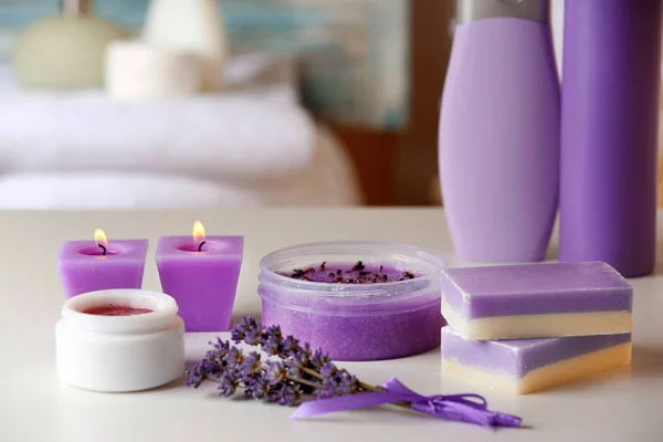 Set of body care cosmetics with lavender — Stock Photo, Image