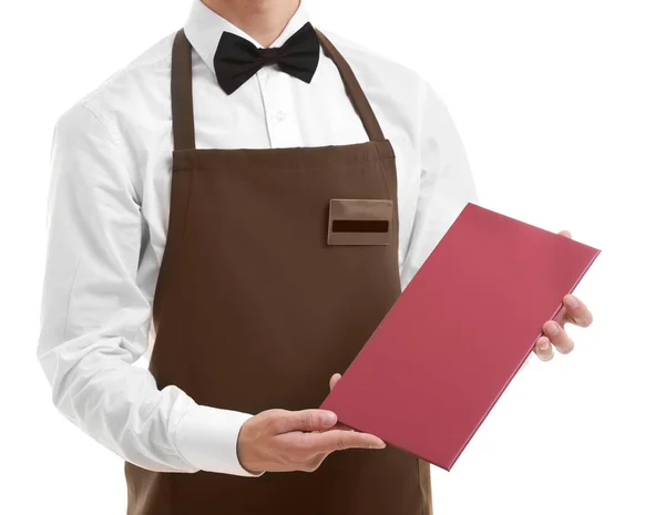 Camarero sosteniendo menú rojo — Foto de Stock