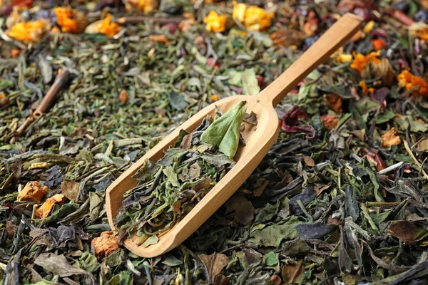 Té verde en cucharada de madera — Foto de Stock