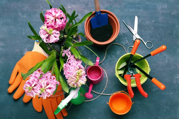 Belles fleurs et matériel de jardinier — Photo