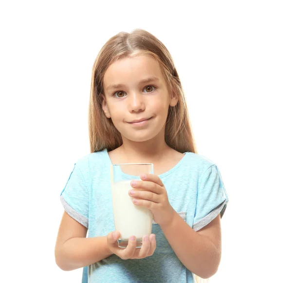 Schattig Klein Meisje Houden Glas Melk Geïsoleerd Wit — Stockfoto