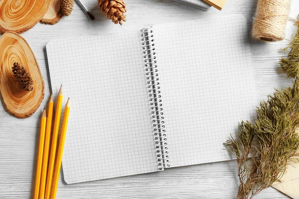 Composition of opened notebook and decorations — Stock Photo, Image