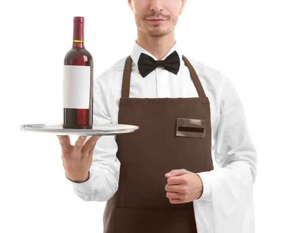 Kelner gospodarstwa taca z butelki — Zdjęcie stockowe