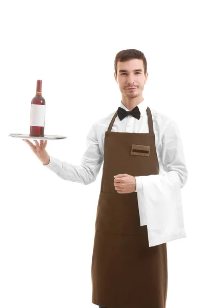 Waiter holding tray with bottle — Stock Photo, Image