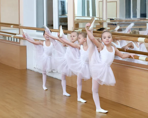 Skupina malých baleríny cvičit baletní použití bar v třída — Stock fotografie