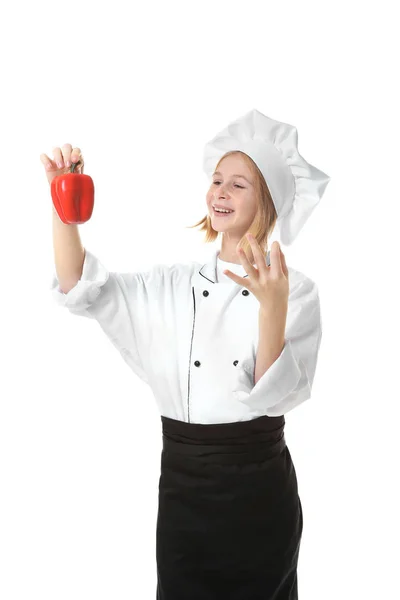 Schattig meisje in uniform van de chef-kok — Stockfoto